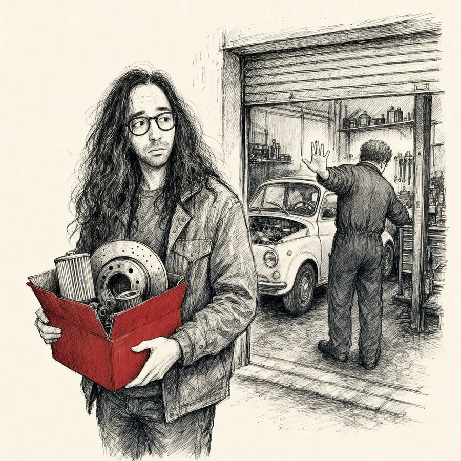 Daniel con una scatola di ricambi auto davanti a un'officina