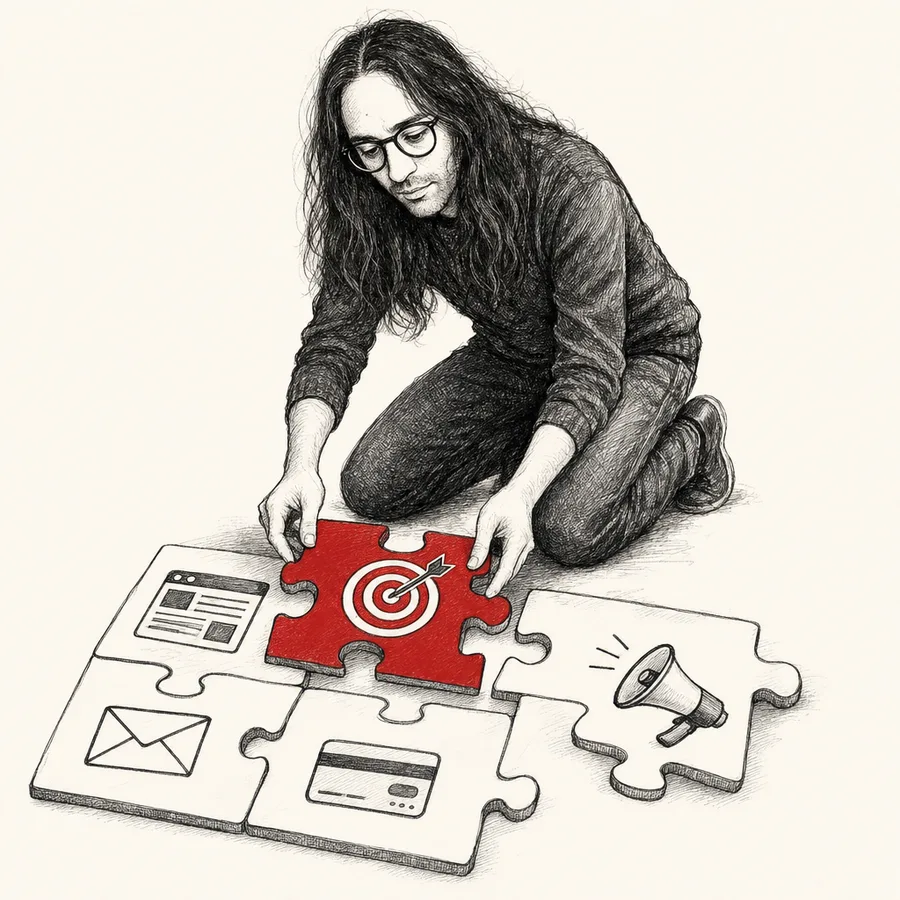 Daniel incastra i pezzi di un puzzle con le icone del marketing